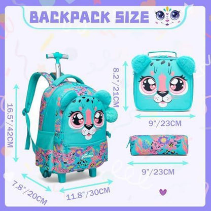 Schulrucksack mit Rollen für Mädchen, 4. Klasse, Grün-Leopard