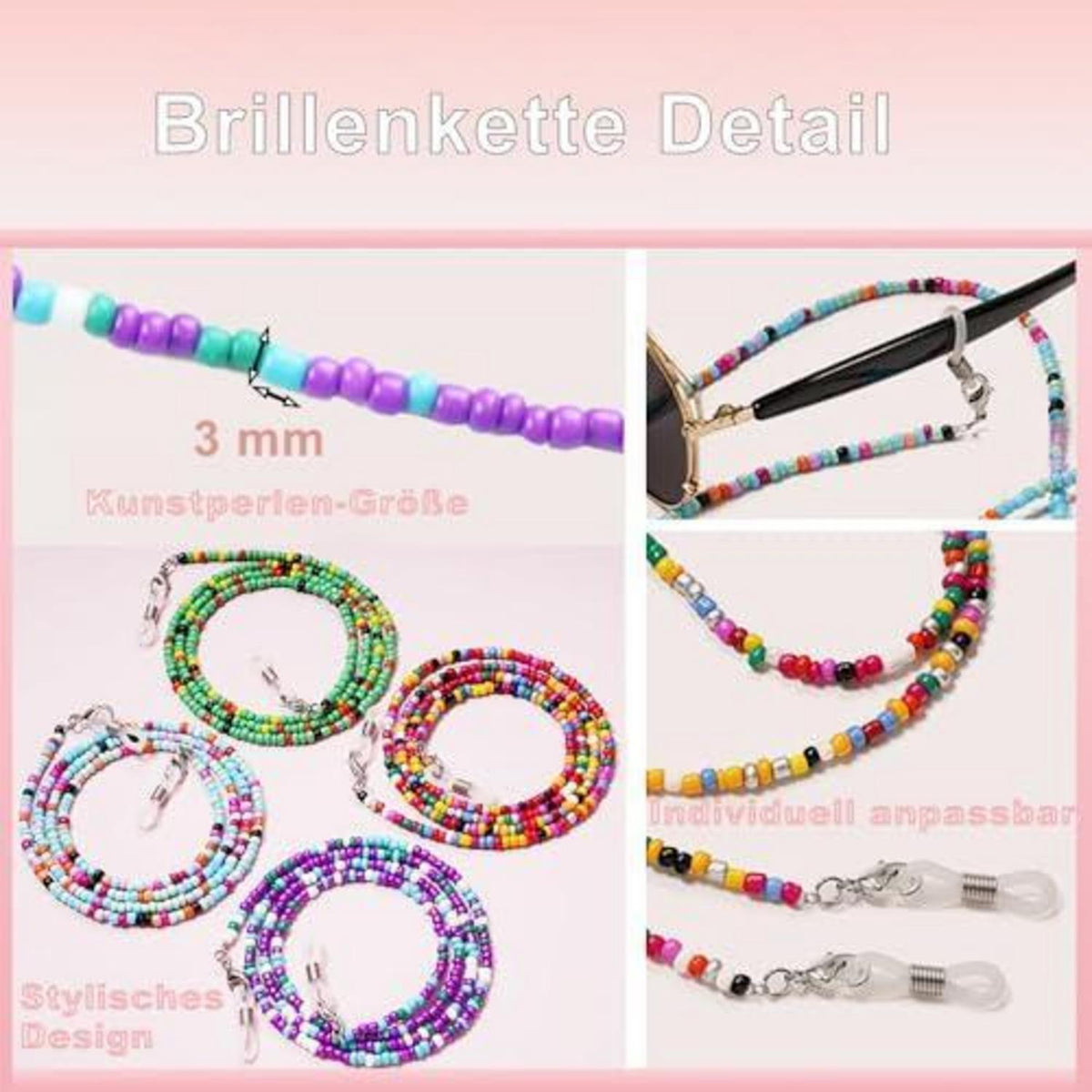 4er-Set Brillenketten Damen – Bunte Acrylperlen & Anti-Rutsch
