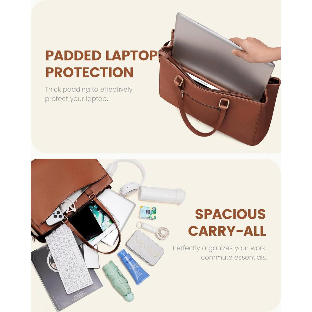 Laptoptasche Damen 15,6 Zoll, Elegante Arbeitstasche aus PU-Leder, Braun