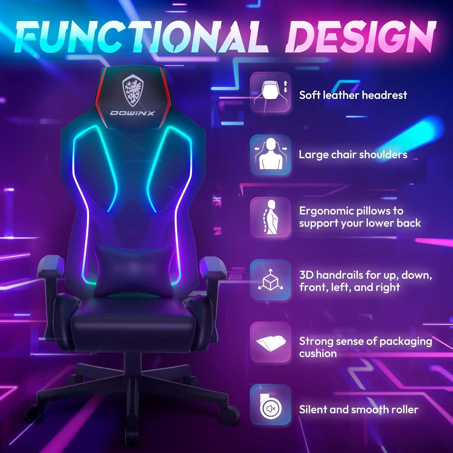 Ergonomischer LED Gaming Stuhl RGB 4D Armlehnen PU Leder HellRot