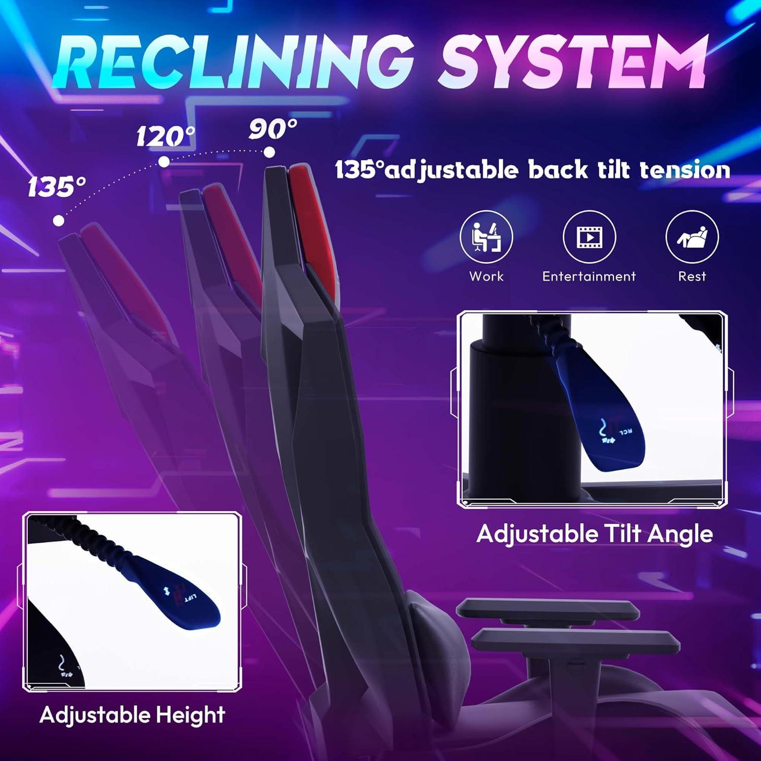 Ergonomischer LED Gaming Stuhl RGB 4D Armlehnen PU Leder HellRot