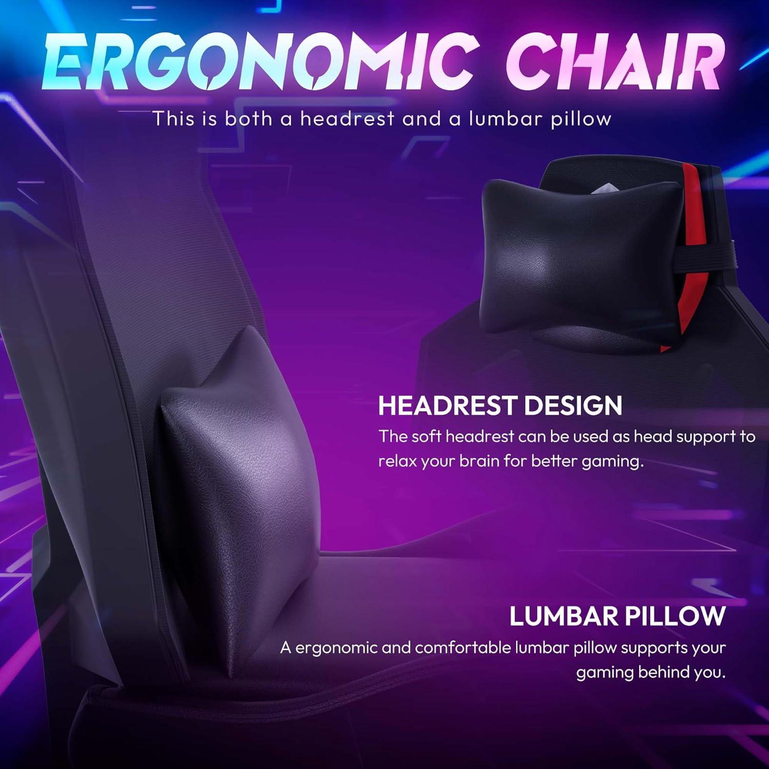 LED Gaming Stuhl mit 4D-Armlehnen und RGB Beleuchtung, Ergonomischer Gamer PU Leder Stuhl, Verstellbarer Lendenwirbelstütze, HellRot