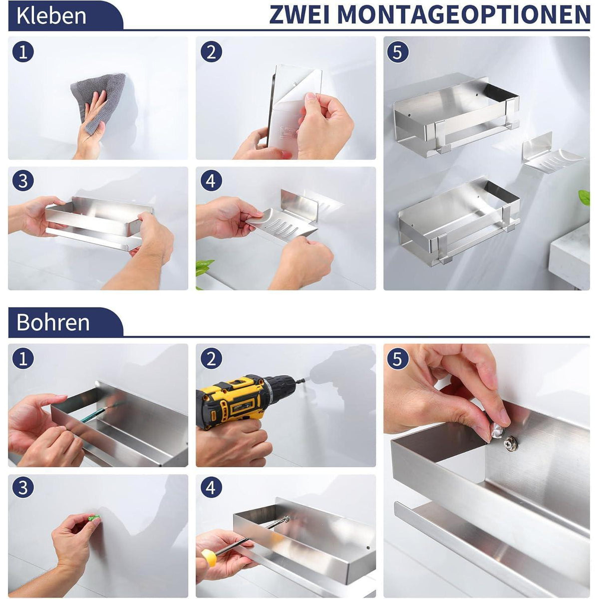 Duschablage Edelstahl ohne Bohren, 2er Set mit Seifenschale & Haken