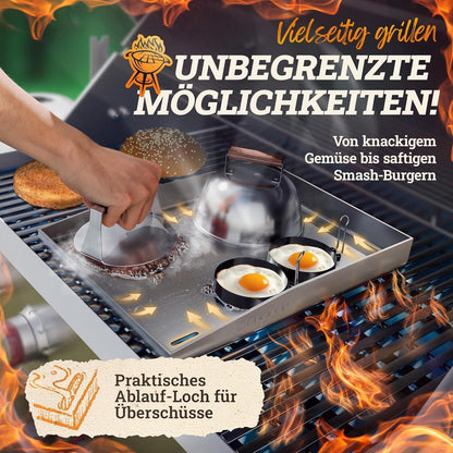 Edelstahl Plancha Grillplatte 40x40cm mit Burger Master Set