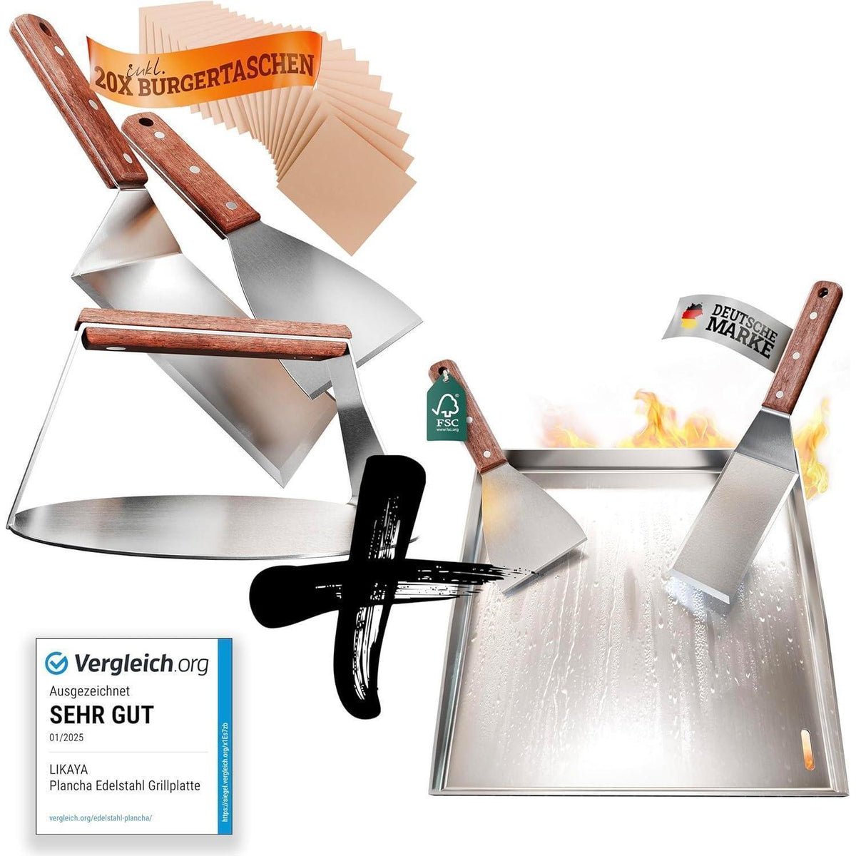 Edelstahl Plancha Grillplatte 40x40cm mit Burger Smasher Set