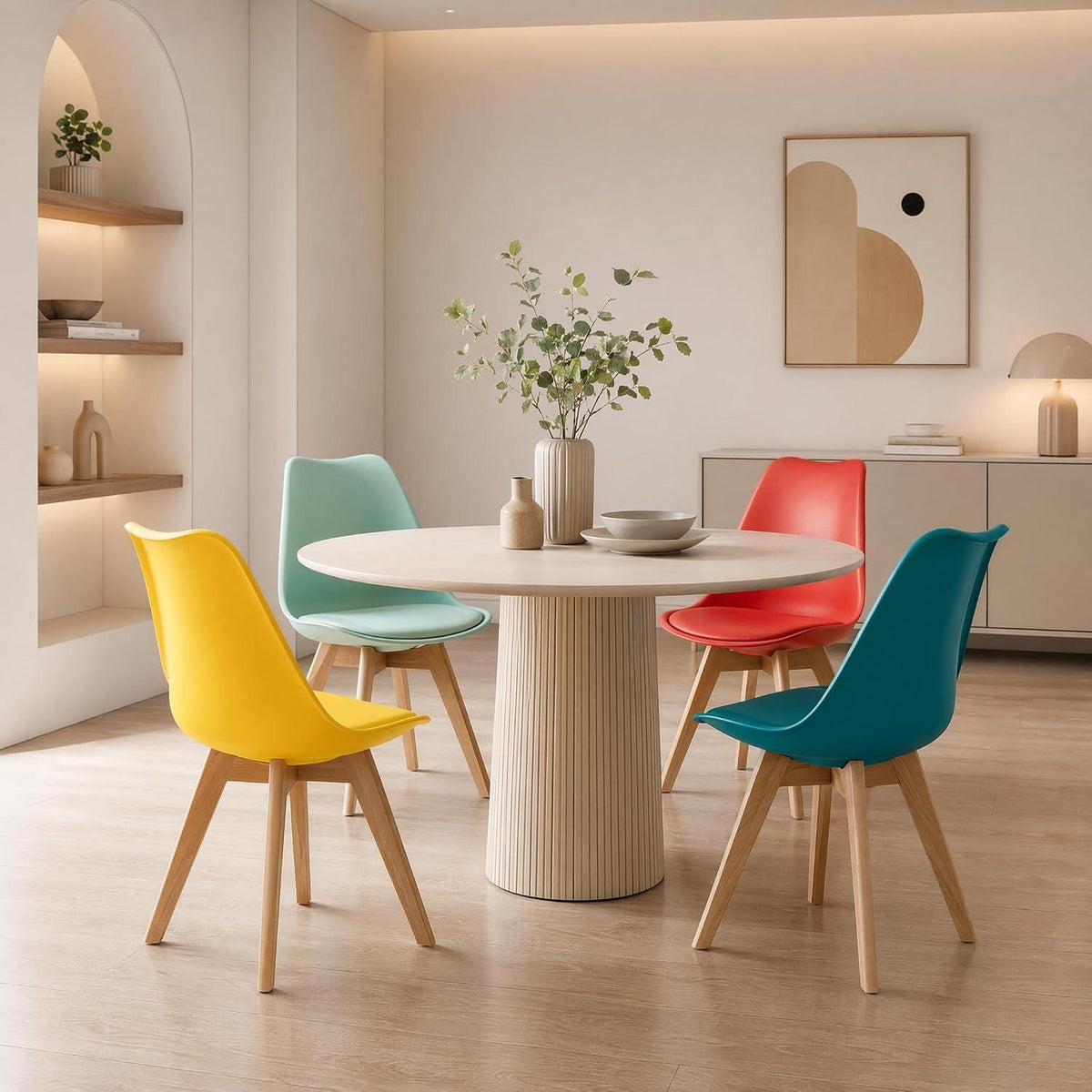 8er Set Esszimmerstühle Skandinavisch mit Sitzkissen & Holzbeinen