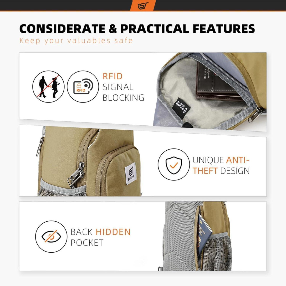 Brusttasche Herren Khaki wasserfest Sling Bag Crossbody