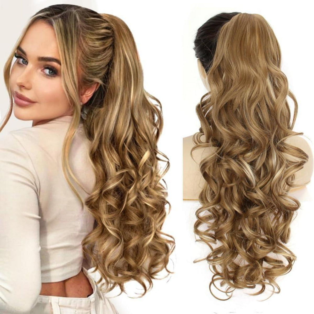 Voluminöser Pferdeschwanz mit Klammer – Mittelblond mit Highlights