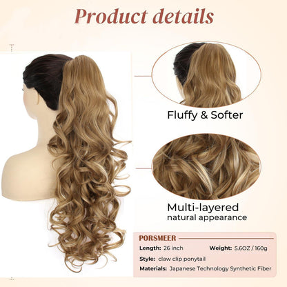 Voluminöser Pferdeschwanz mit Klammer – Mittelblond mit Highlights