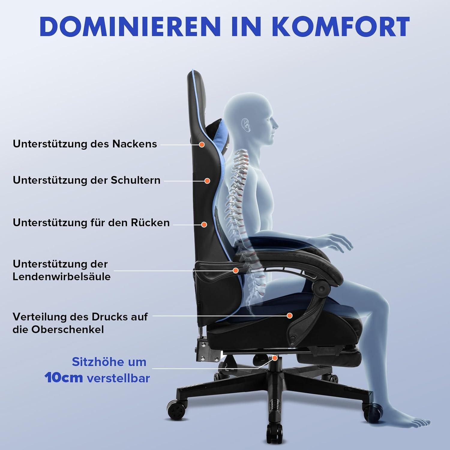 Gaming Stuhl LUCKRACER mit Fußstütze und Lendenkissen, höhenverstellbar, belastbar bis 150 kg - blau