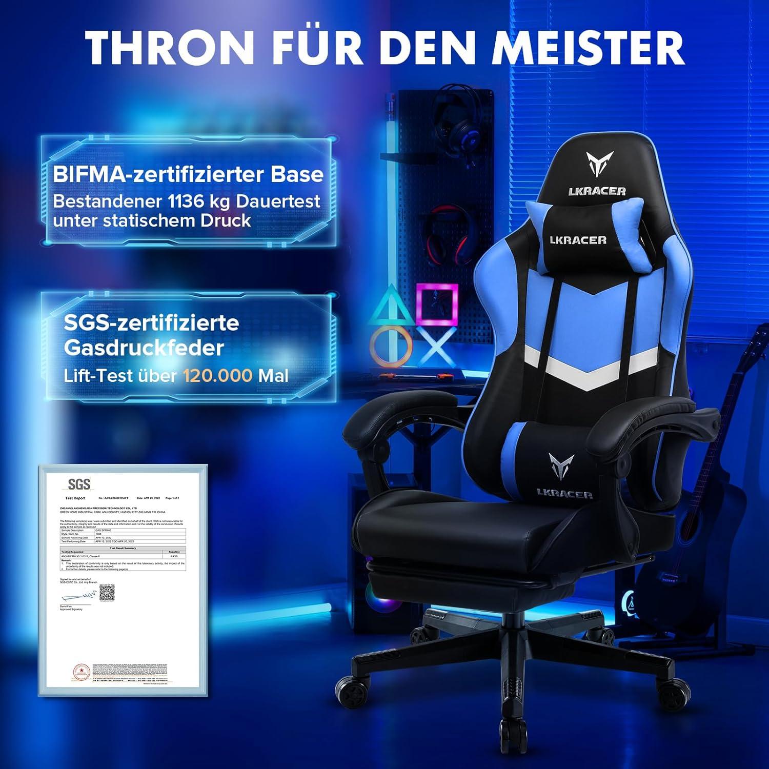 LUCKRACER Gaming Stuhl mit Fußstütze Ergonomisch Lenden & Kopfkissen Blau