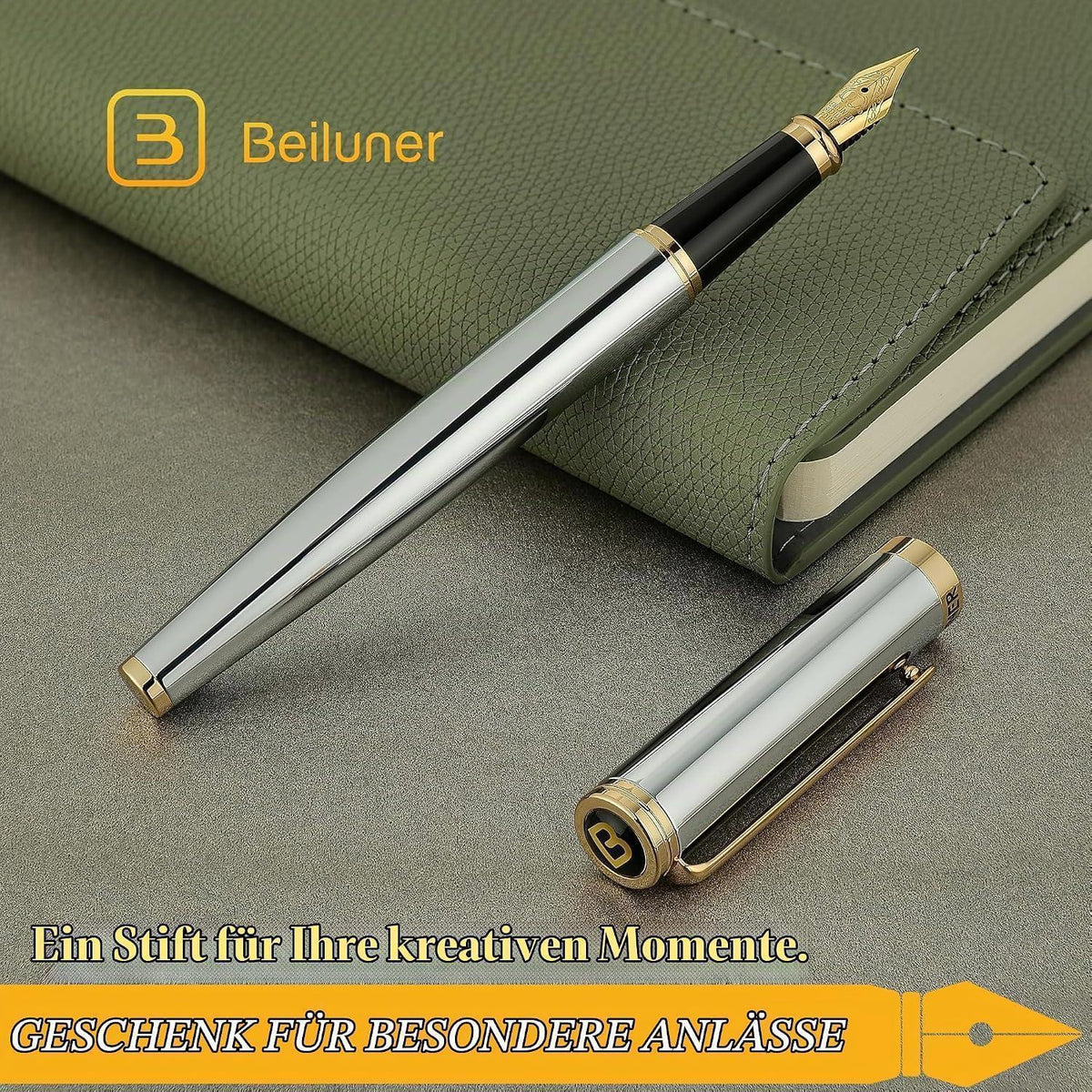Silber-Chrom Füllfederhalter mit 24K Gold Feder (Fein)