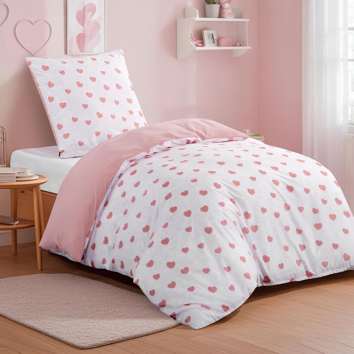 Bettwäsche-Set 135x200cm Rosa mit Herzen, 2-teilig, Mikrofaser