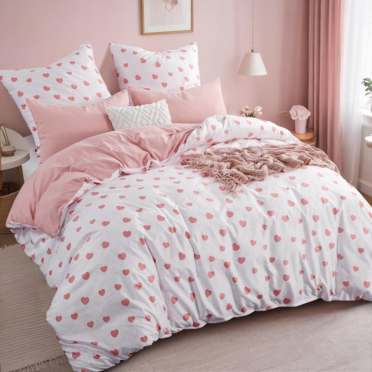 Bettwäsche-Set 135x200cm Rosa mit Herzen, 2-teilig, Mikrofaser