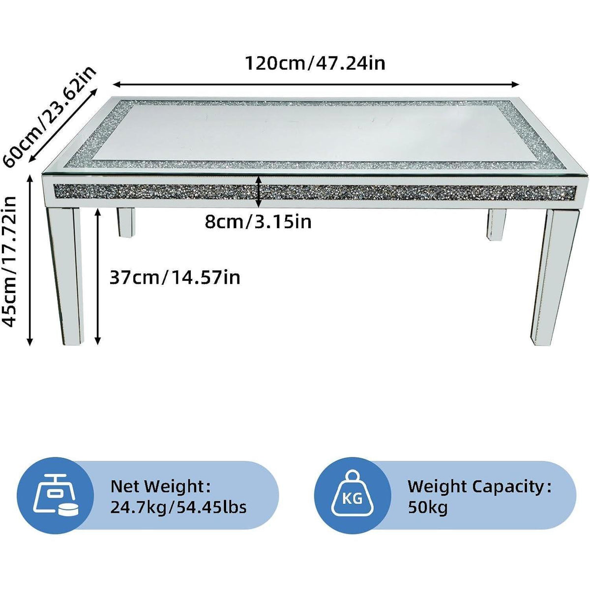 Couchtisch Silber Kristall Glas Rechteckig 120x60x45 cm