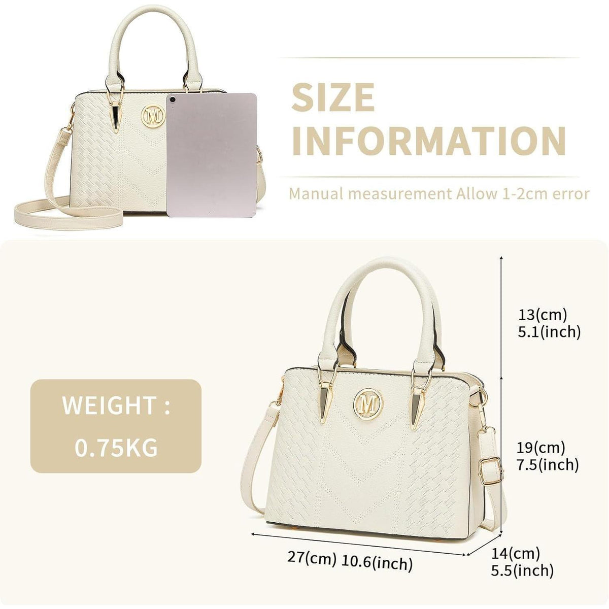 Damen Handtasche mittelgroß mit Lychee Muster und mehreren Innentaschen Beige