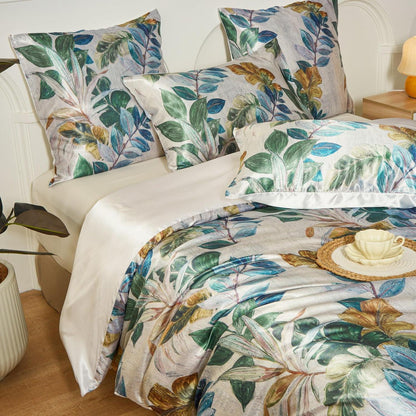 Satin Bettwäsche Set 135x200 - 4-teilig mit Blättermotiv