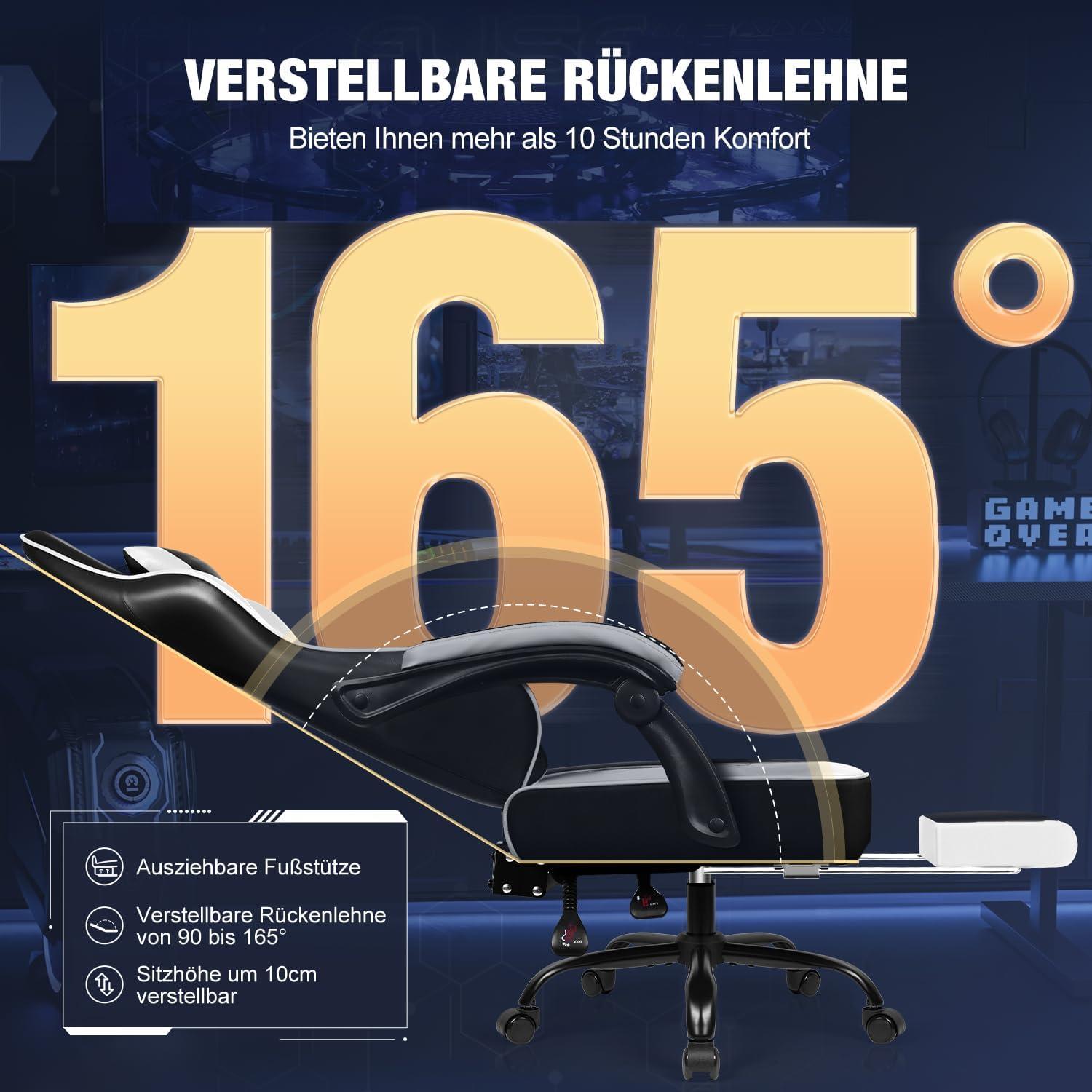 Gaming Stuhl Ergonomisch mit Lendenkissen und Kopfkissen bis