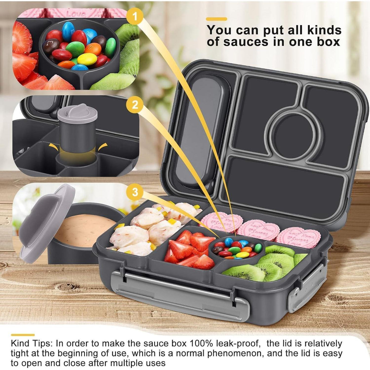 Brotdose Kinder mit Fächern & Saucenbehälter – 1300ml Lunchbox
