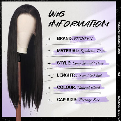 Lange schwarze Lace Front Perücke – Glattes Synthetikhaar 75cm