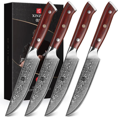4-teiliges Steakmesser Set aus Damaststahl mit Rosenholzgriff