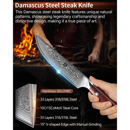 4-teiliges Steakmesser Set aus Damaststahl mit Rosenholzgriff