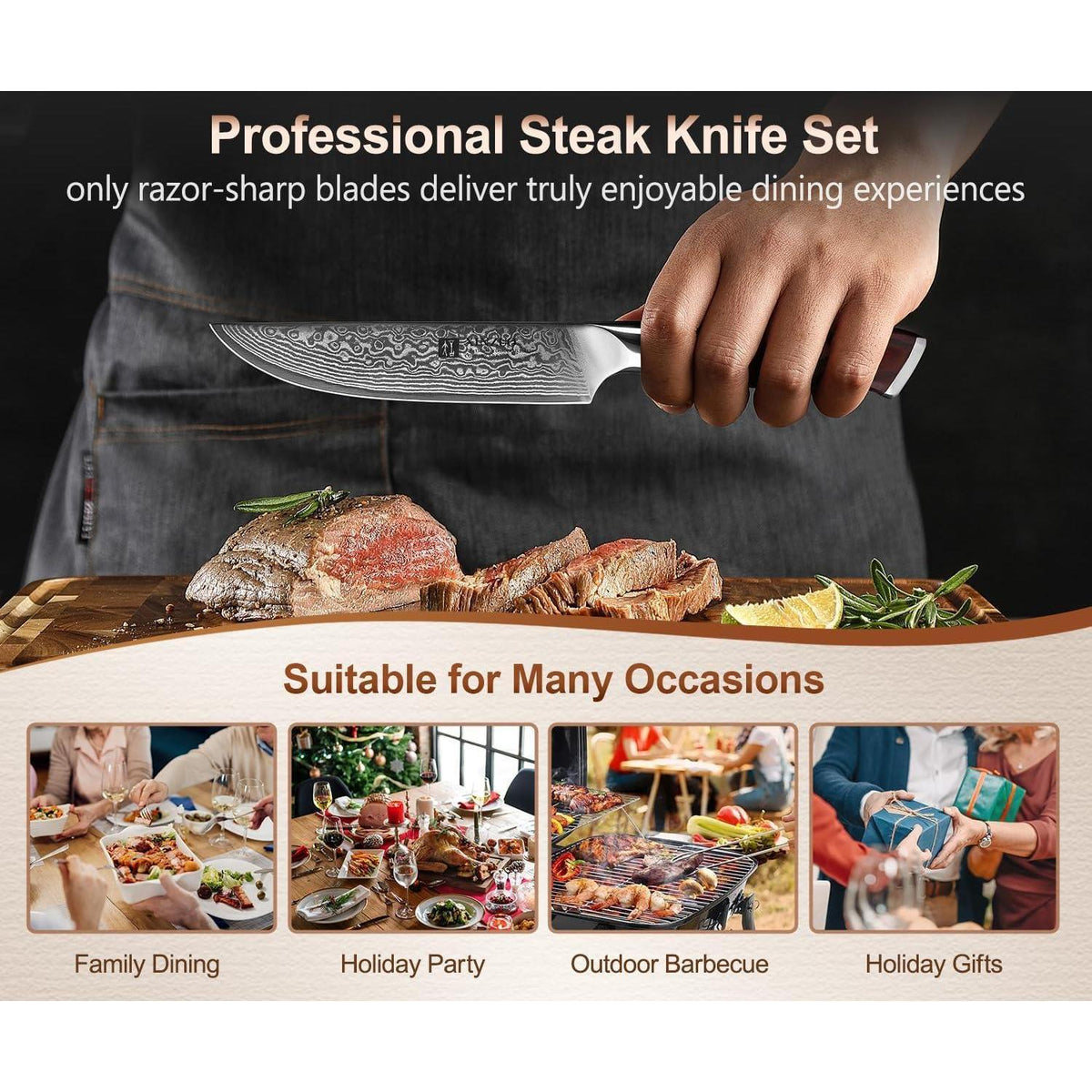 4-teiliges Steakmesser Set aus Damaststahl mit Rosenholzgriff
