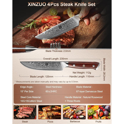 4-teiliges Steakmesser Set aus Damaststahl mit Rosenholzgriff