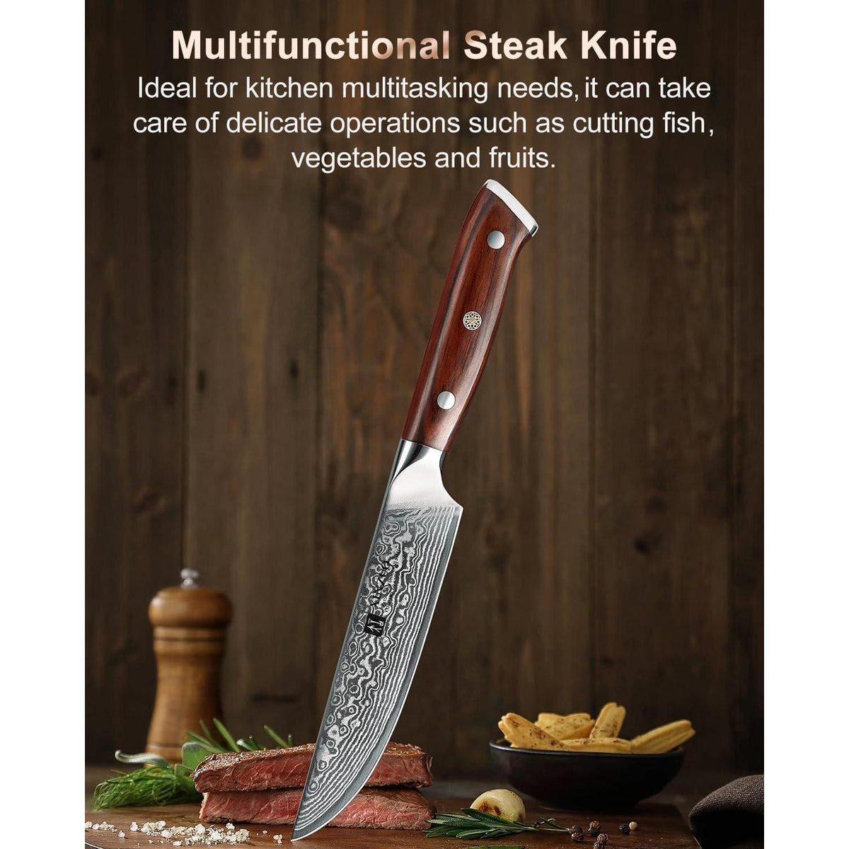 4-teiliges Steakmesser Set aus Damaststahl mit Rosenholzgriff