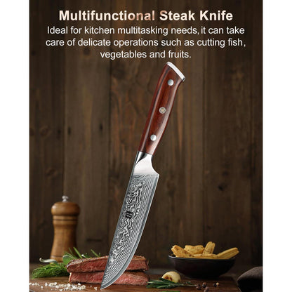 4-teiliges Steakmesser Set aus Damaststahl mit Rosenholzgriff