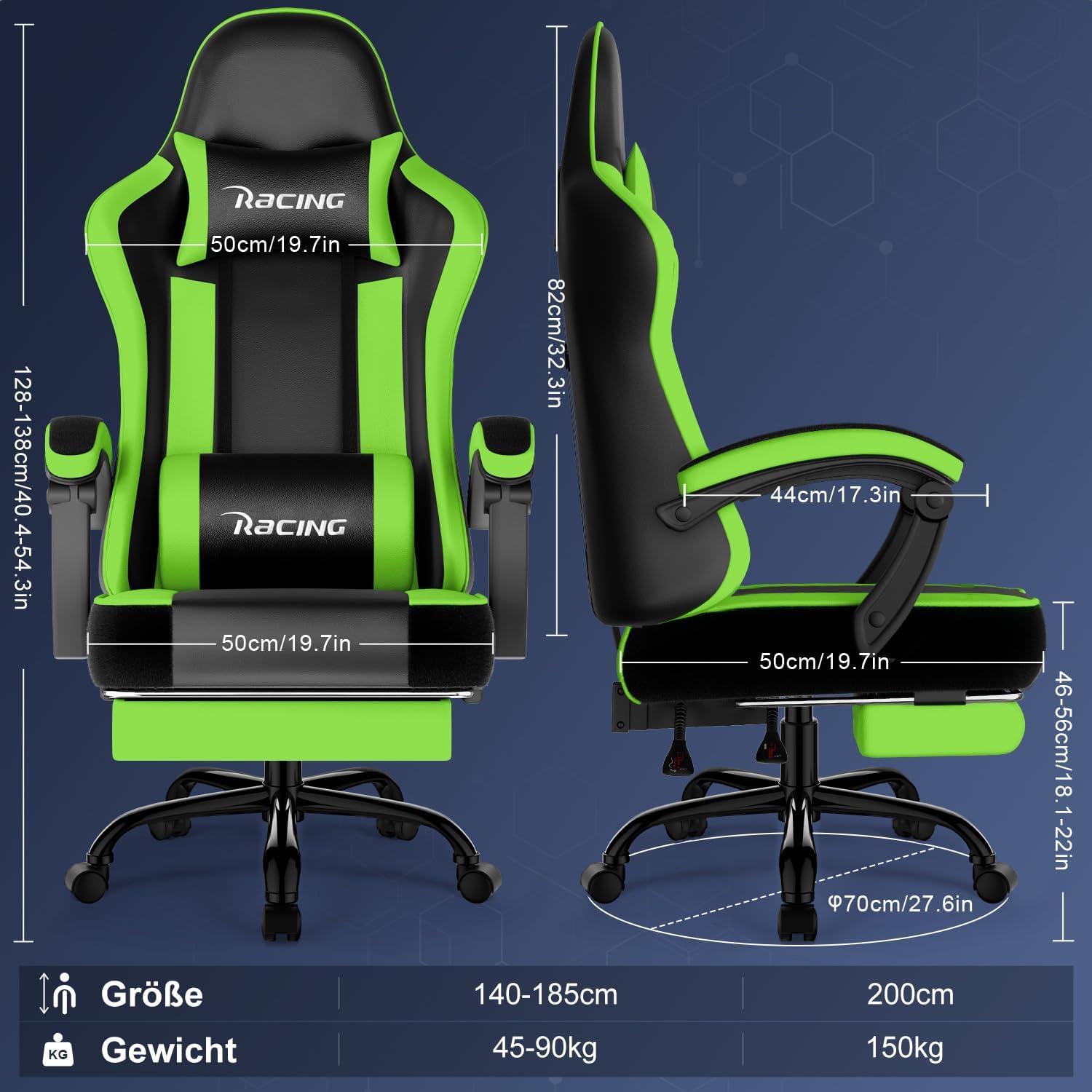 Ergonomischer Gaming Stuhl mit verstellbaren Kissen & Fußstütze, Grün