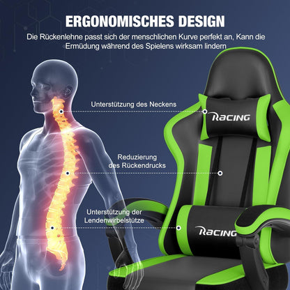 Ergonomischer Gaming Stuhl mit verstellbaren Kissen, Fußstütze - Grün bis 150kg