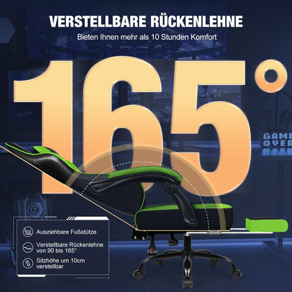Ergonomischer Gaming Stuhl mit verstellbaren Kissen und Fußstütze bis