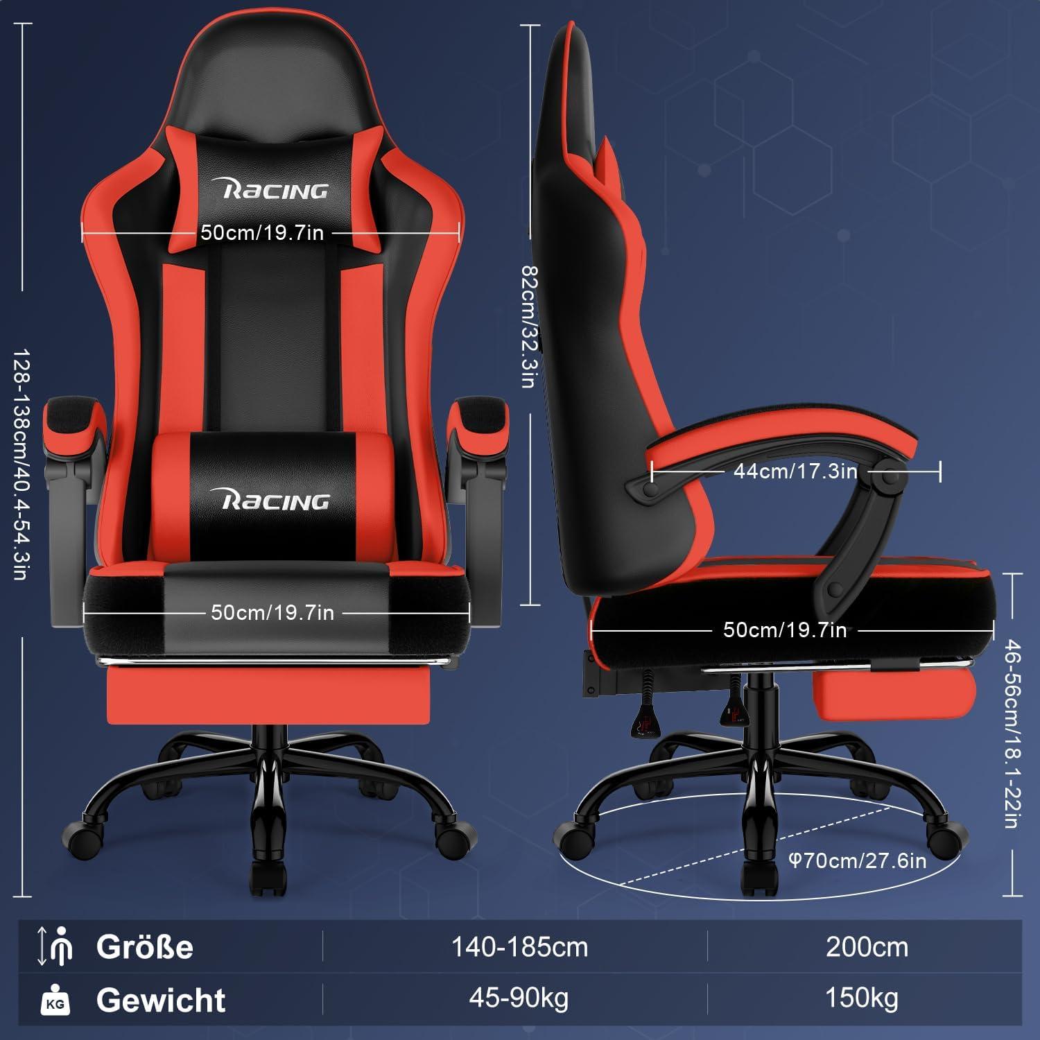 Ergonomischer Gaming Stuhl mit verstellbaren Kissen und Fußstütze, bis
