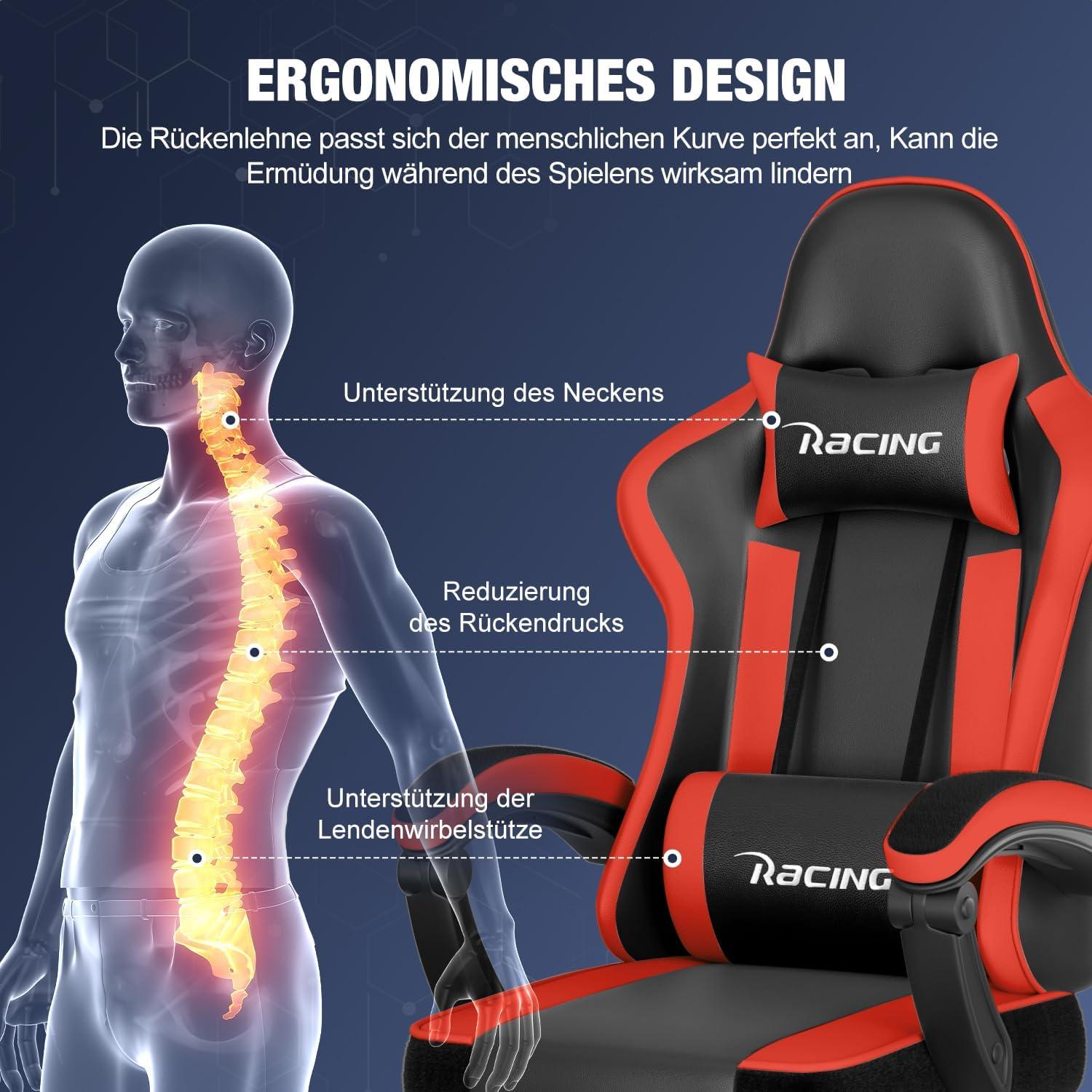 Ergonomischer Gaming Stuhl mit Lenden- & Kopfkissen, Fußstütze, bis 150kg, Rot