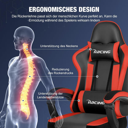 Ergonomischer Gaming Stuhl mit Lenden- & Kopfkissen, Fußstütze, bis 150kg, Rot
