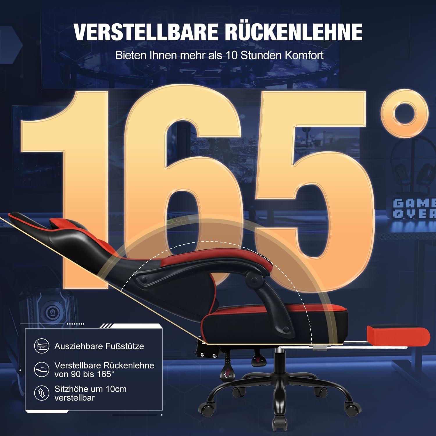 Ergonomischer Gaming Stuhl mit verstellbarer Fußstütze und bis 150kg