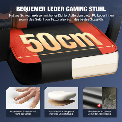 Ergonomischer Gaming Stuhl mit Lenden- & Kopfkissen, Fußstütze, bis 150kg, Rot