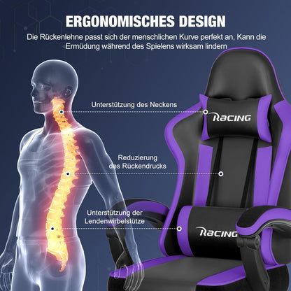 Ergonomischer Gaming Stuhl mit Kopf- und Lendenkissen, Fußstütze, lila, 150kg