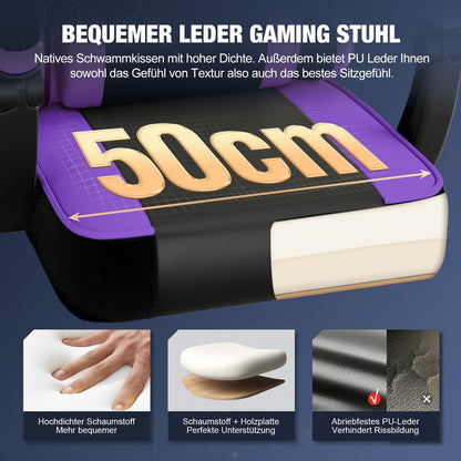 Ergonomischer Gaming Stuhl mit Kopf- und Lendenkissen, Fußstütze, lila, 150kg
