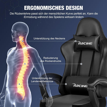 Gaming Stuhl Ergonomisch mit Fußstütze bis 150kg Belastbarkeit Schwarz