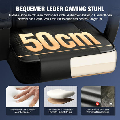 Gaming Stuhl Ergonomisch mit Fußstütze bis 150kg Belastbarkeit Schwarz