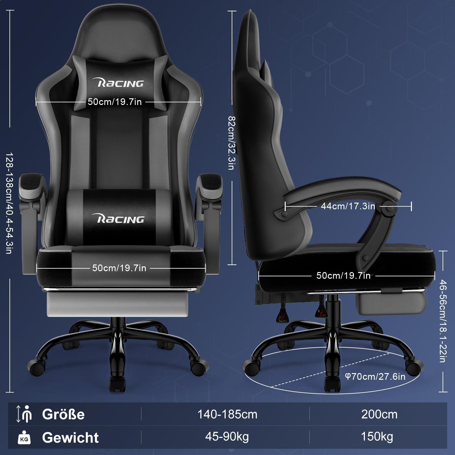 Ergonomischer Gaming Stuhl mit Fußstütze und 150kg Belastbarkeit