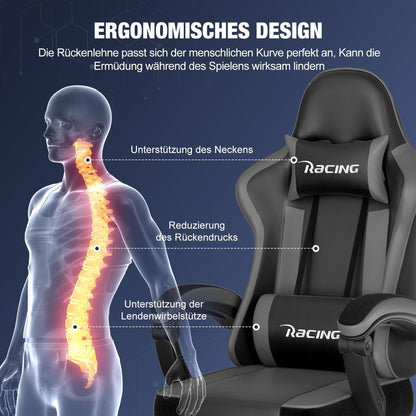 Ergonomischer Gaming Stuhl mit Fußstütze, Grau, bis 150kg - Verstellbar & bequem