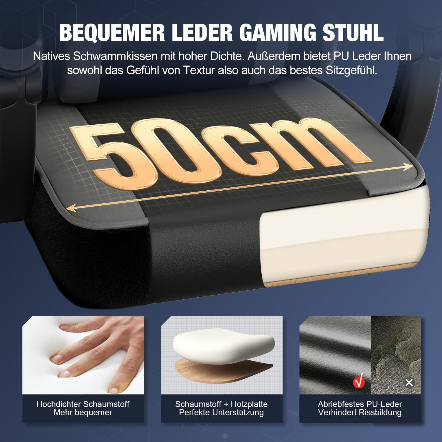Ergonomischer Gaming Stuhl mit Fußstütze, Grau, bis 150kg - Verstellbar & bequem