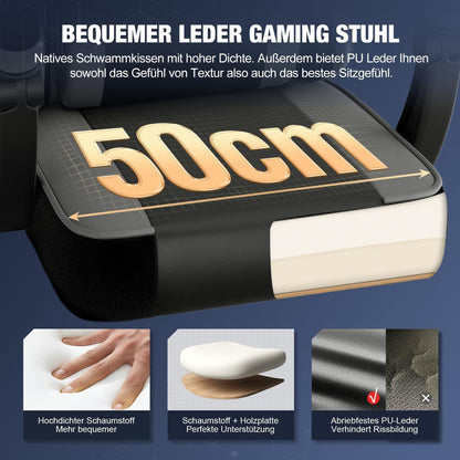 Ergonomischer Gaming Stuhl mit Fußstütze, Grau, bis 150kg - Verstellbar & bequem