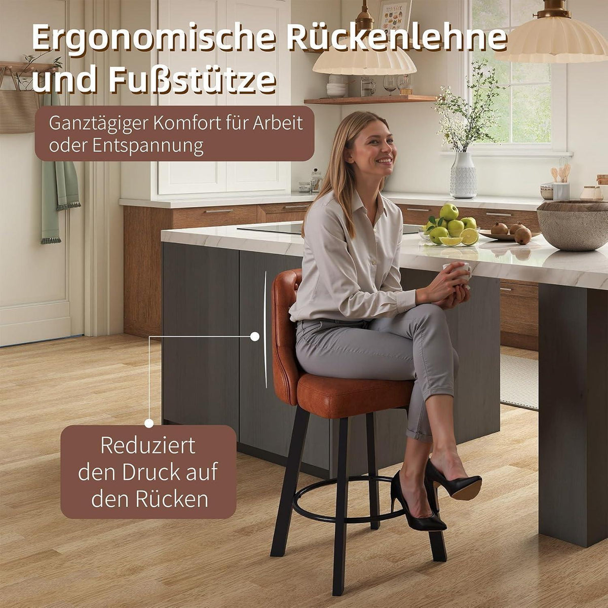 Moderner Barhocker 2er Set in Lederoptik & Fußstütze