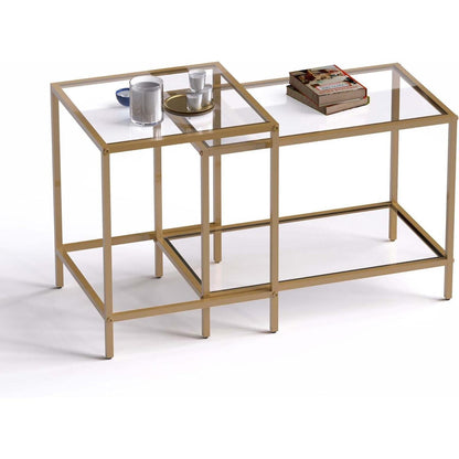 Couchtisch 2er Set Quadratisch Glas Gold 60/40 cm