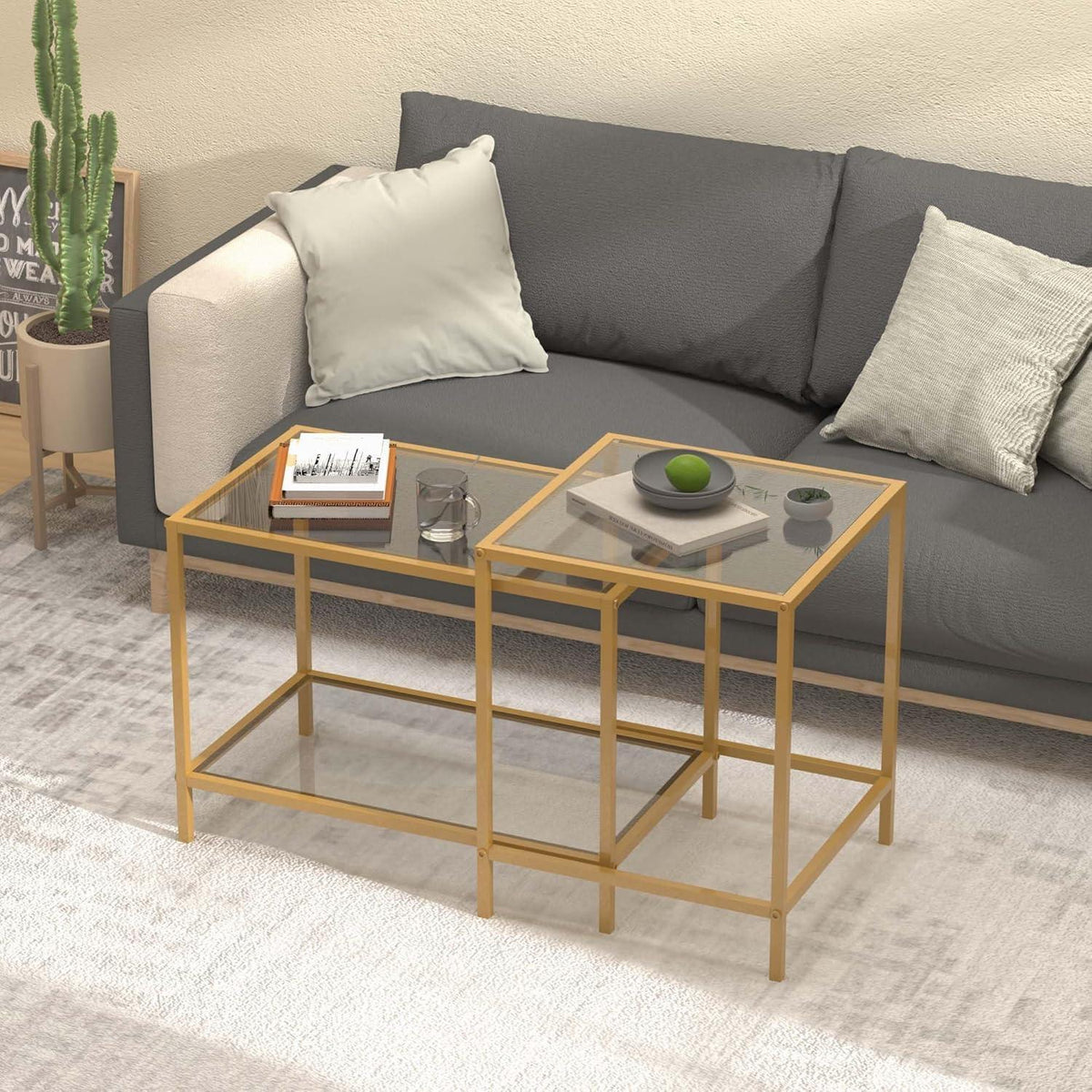 Couchtisch 2er Set Quadratisch Glas Gold 60/40 cm