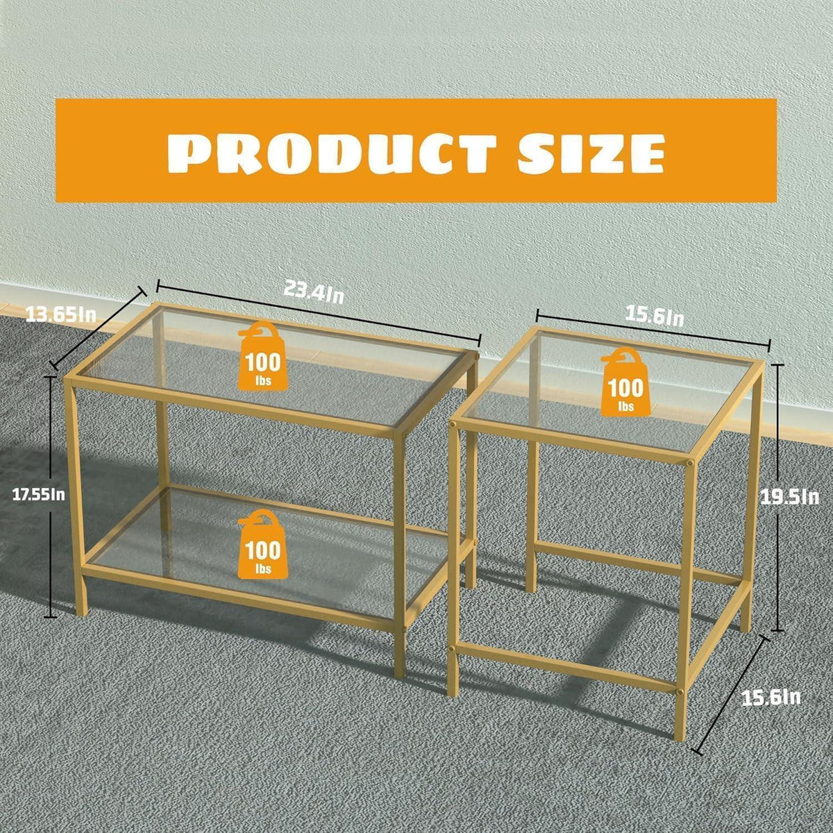 Couchtisch 2er Set Quadratisch Glas Gold 60/40 cm